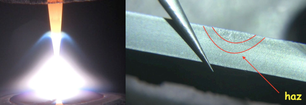 Пример очень острого электрода (~15–25°): дуга образует широкий факел, оптимальный для тонкого металла