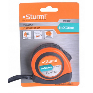 Рулетка Sturm 3100301 (3м х 16 мм/автостоп/2ой зацеп/обрез. корп.). Фото 1